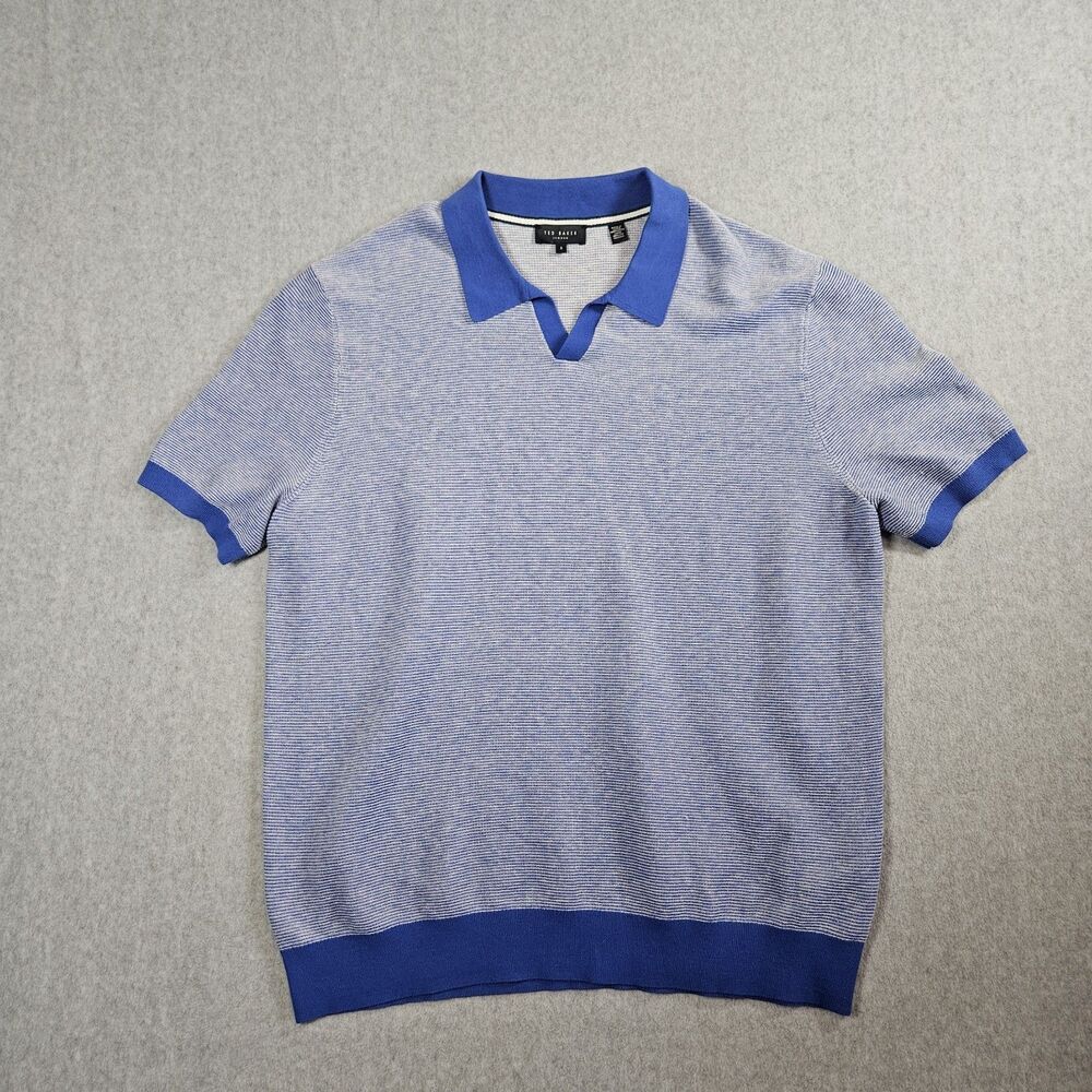 Ted Baker Gregry London Knit Polo Shirt Mens 5 XL Blue Textured Contrast Collar